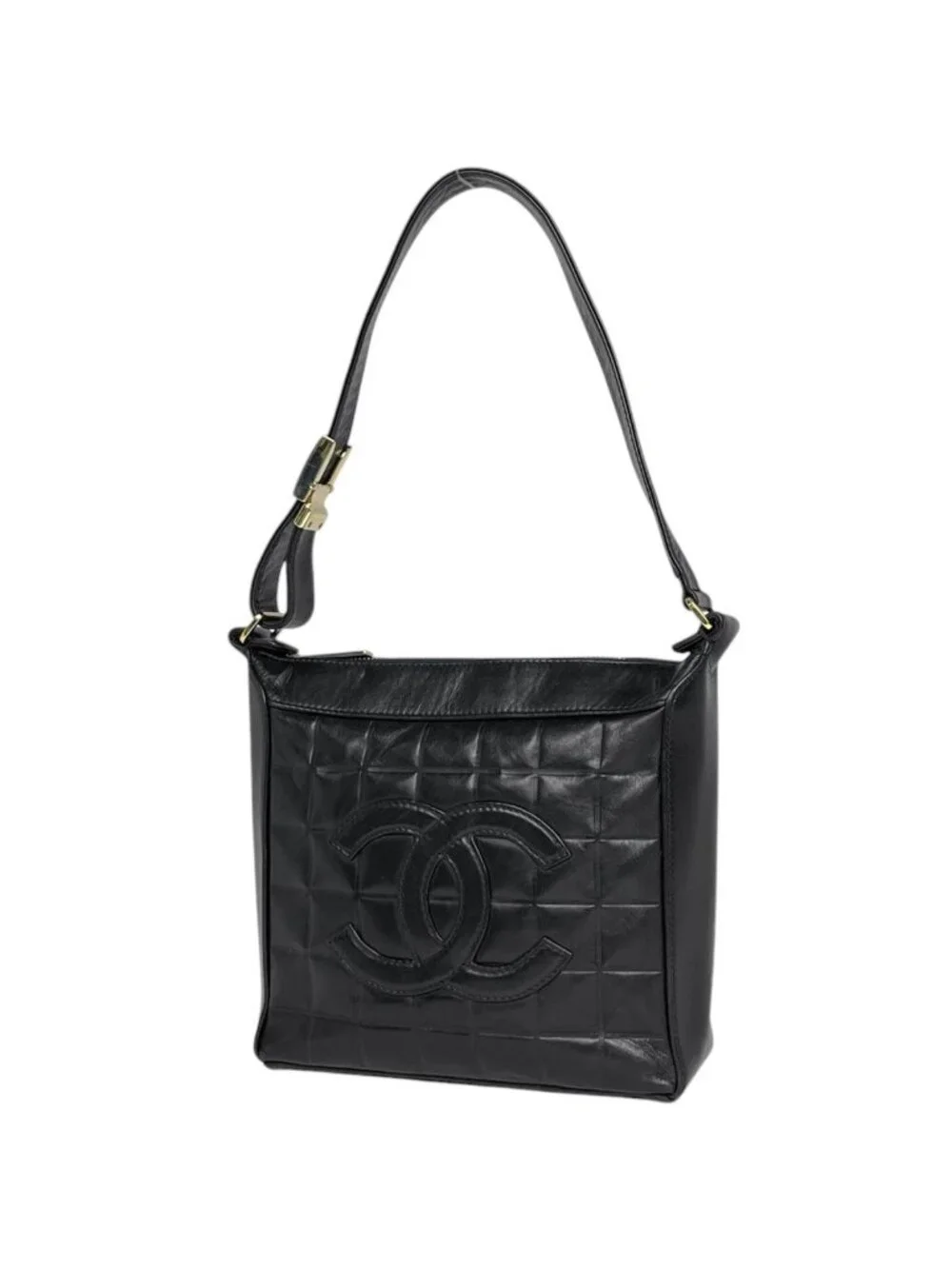 Chanel Choco Bar Shoulder Bag CC Logo Leather Black